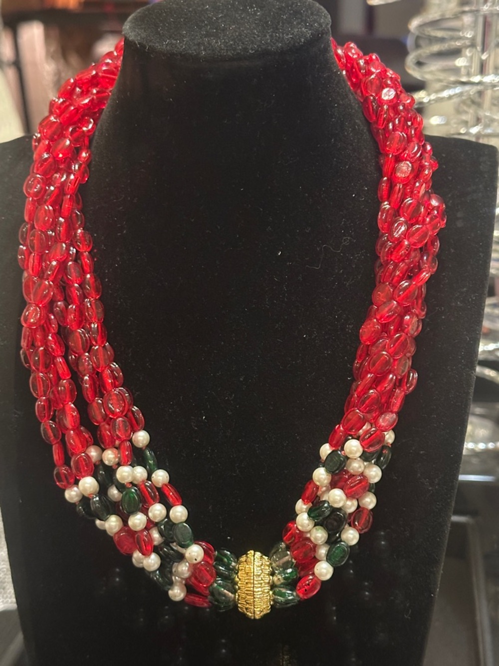 Vintage Multi Strand Red Glass Bead Necklace Pearls Green Beads best overall - Picture 2 of 3